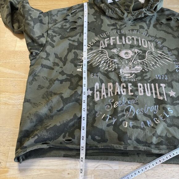 Affliction Garage Built Crop Camo Distressed Hoodie Sweater Cut Outs XL EUC - Picture 10 of 11